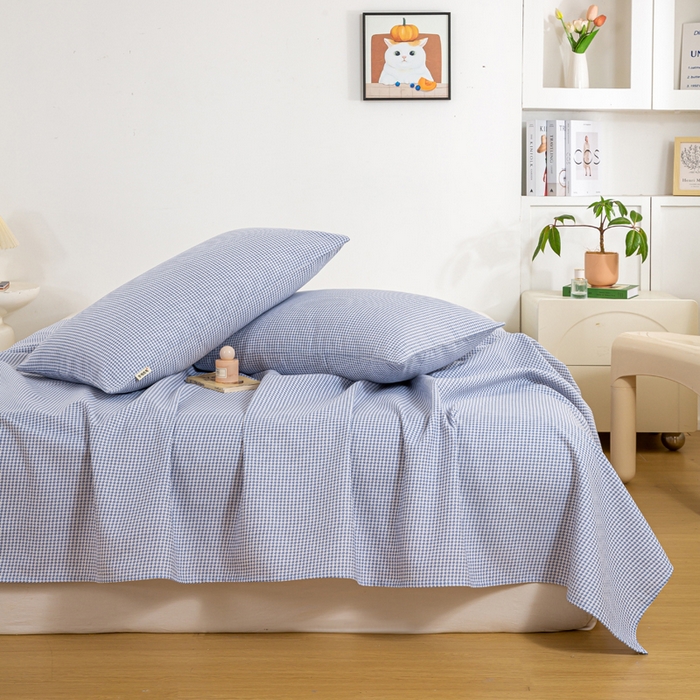 91家纺网 家纺一手货源 找家纺 红日子纺织品 2025新款直播热卖原棉老粗布印花床单三件套 蓝格