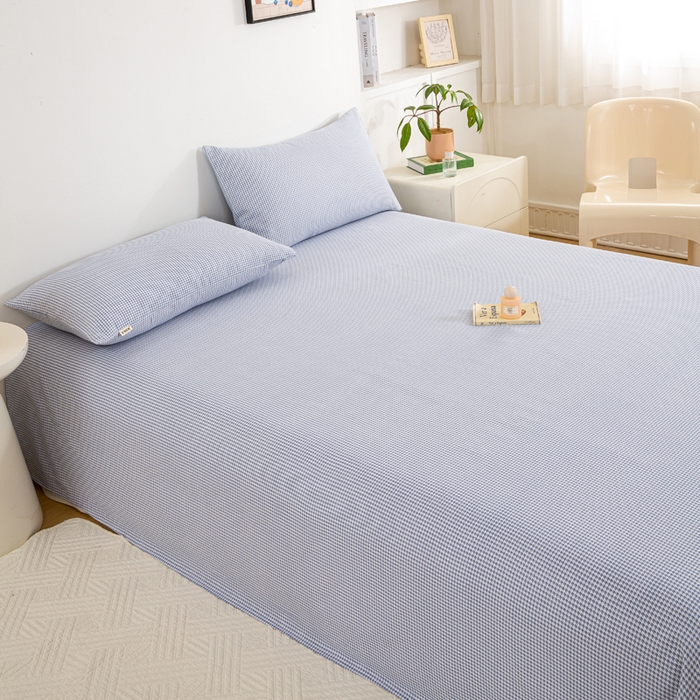 91家纺网 家纺一手货源 找家纺 红日子纺织品 2025新款直播热卖原棉老粗布印花床单三件套 蓝格