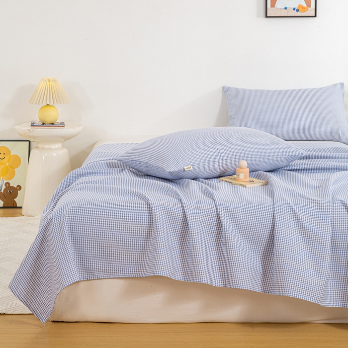 91家纺网 家纺一手货源 找家纺 红日子纺织品 2025新款直播热卖原棉老粗布印花床单三件套 蓝格