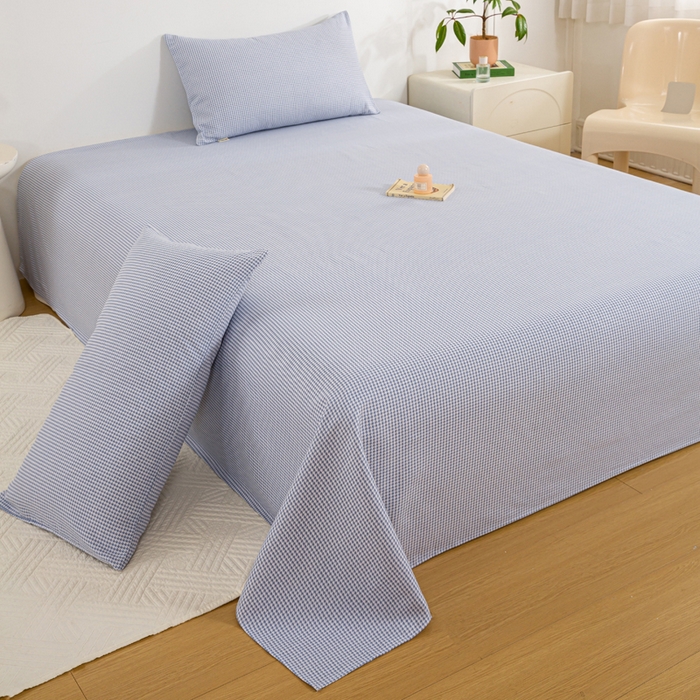 91家纺网 家纺一手货源 找家纺 红日子纺织品 2025新款直播热卖原棉老粗布印花床单三件套 蓝格