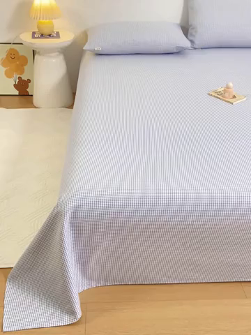 91家纺网 家纺一手货源 找家纺 红日子纺织品 2025新款直播热卖原棉老粗布印花床单三件套 蓝格