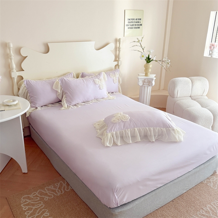 91家纺网 家纺一手货源 找家纺 富盛家纺 2025新款水洗亲肤棉盘花特种刺绣夏被夏凉被空调被床裙款四件套 甜蜜蜜-紫