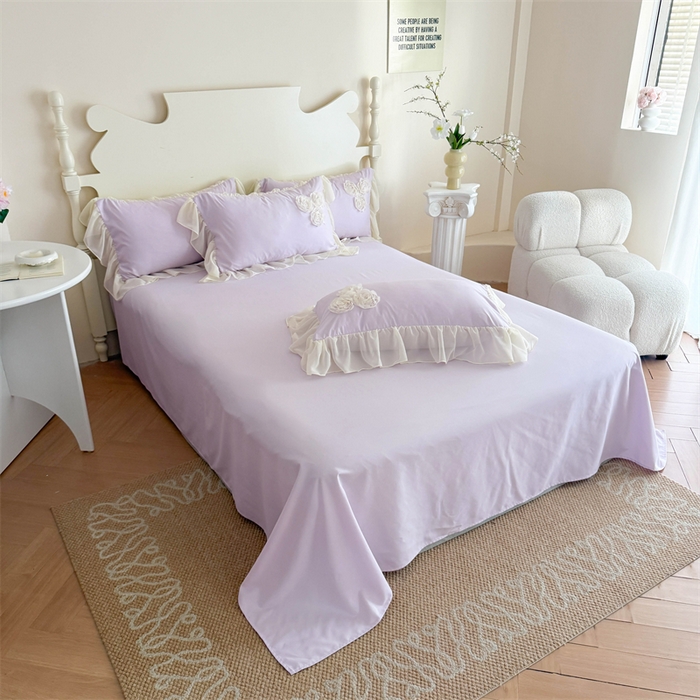 91家纺网 家纺一手货源 找家纺 富盛家纺 2025新款水洗亲肤棉盘花特种刺绣夏被夏凉被空调被床裙款四件套 甜蜜蜜-紫