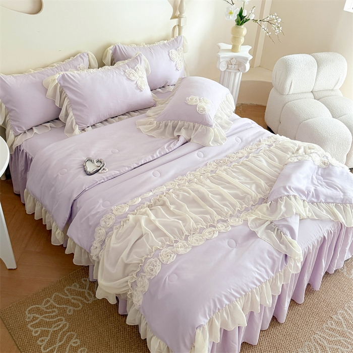 富盛家纺 2025新款水洗亲肤棉盘花特种刺绣夏被夏凉被空调被床裙款四件套 甜蜜蜜-紫