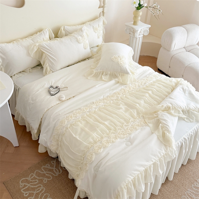 富盛家纺 2025新款水洗亲肤棉盘花特种刺绣夏被夏凉被空调被床裙款四件套 甜蜜蜜-白