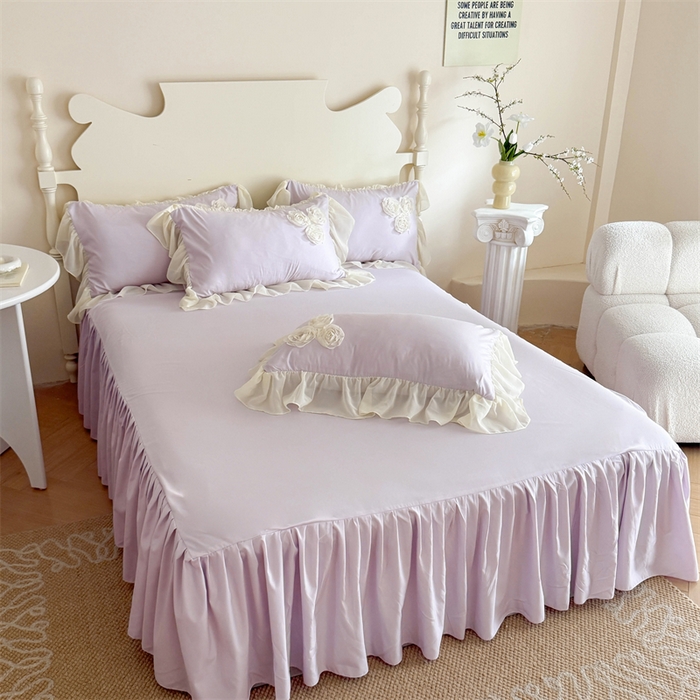 91家纺网 家纺一手货源 找家纺 富盛家纺 2025新款水洗亲肤棉盘花特种刺绣夏被夏凉被空调被床裙款四件套 甜蜜蜜-紫