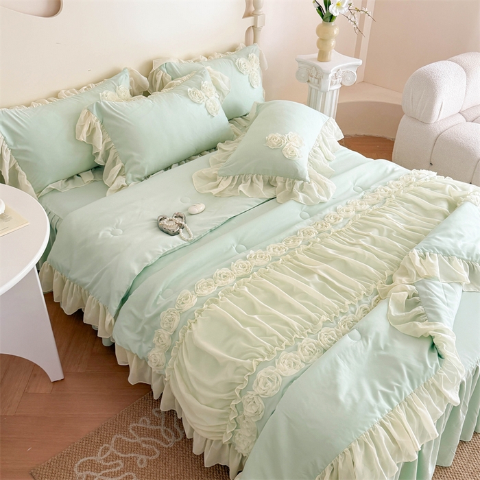 富盛家纺 2025新款水洗亲肤棉盘花特种刺绣夏被夏凉被空调被床裙款四件套 甜蜜蜜-绿