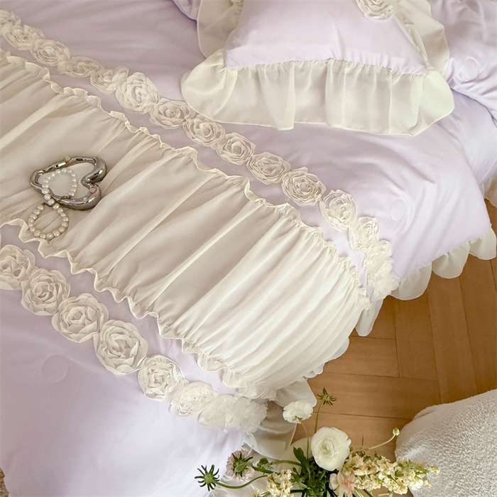 91家纺网 家纺一手货源 找家纺 富盛家纺 2025新款水洗亲肤棉盘花特种刺绣夏被夏凉被空调被床裙款四件套 甜蜜蜜-紫