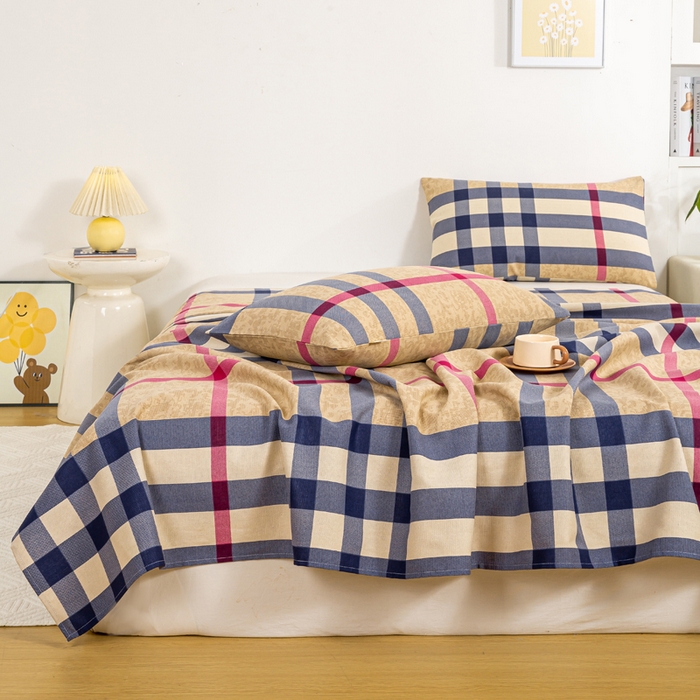 91家纺网 家纺一手货源 找家纺 红日子纺织品 2025新款直播热卖原棉老粗布印花床单三件套 巴宝莉-咖