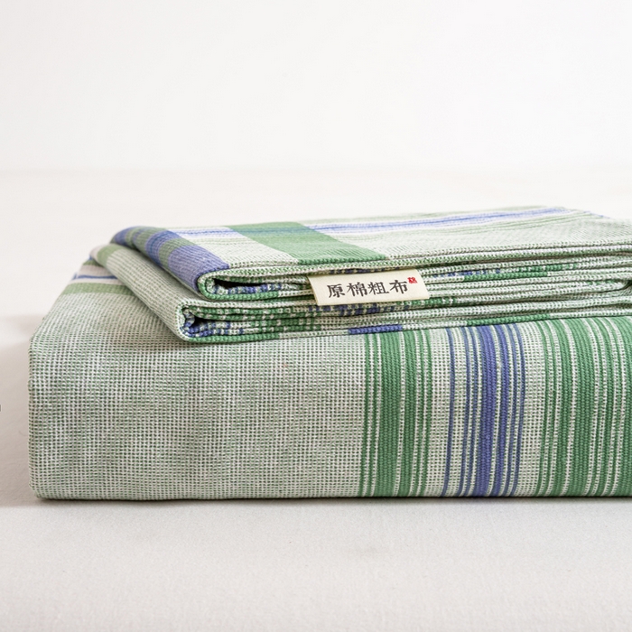 91家纺网 家纺一手货源 找家纺 红日子纺织品 2025新款直播热卖原棉老粗布印花床单三件套 巴宝莉-绿