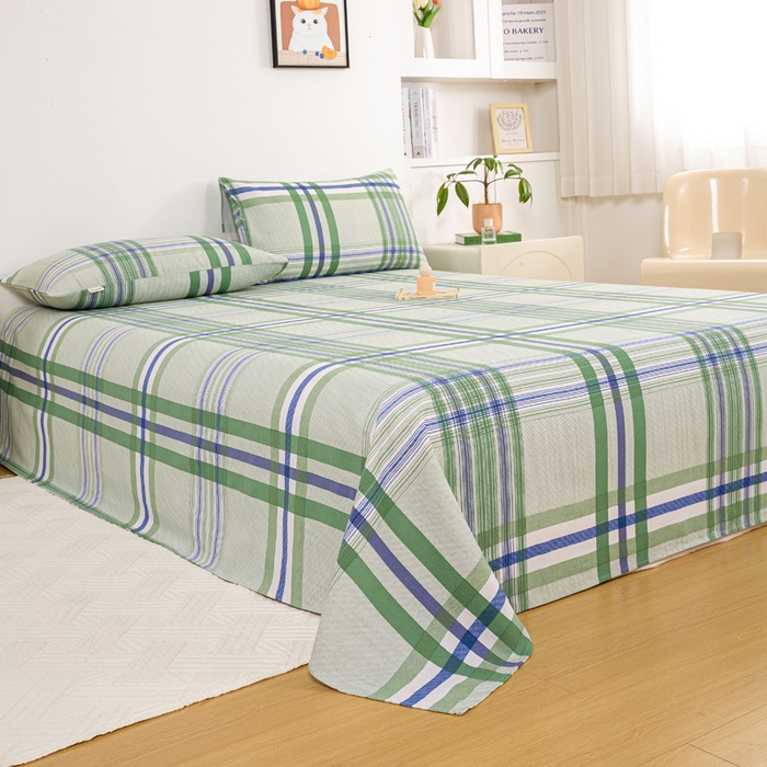 91家纺网 家纺一手货源 找家纺 红日子纺织品 2025新款直播热卖原棉老粗布印花床单三件套 巴宝莉-绿