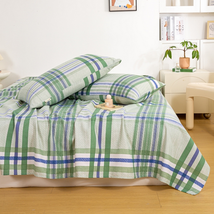 91家纺网 家纺一手货源 找家纺 红日子纺织品 2025新款直播热卖原棉老粗布印花床单三件套 巴宝莉-绿