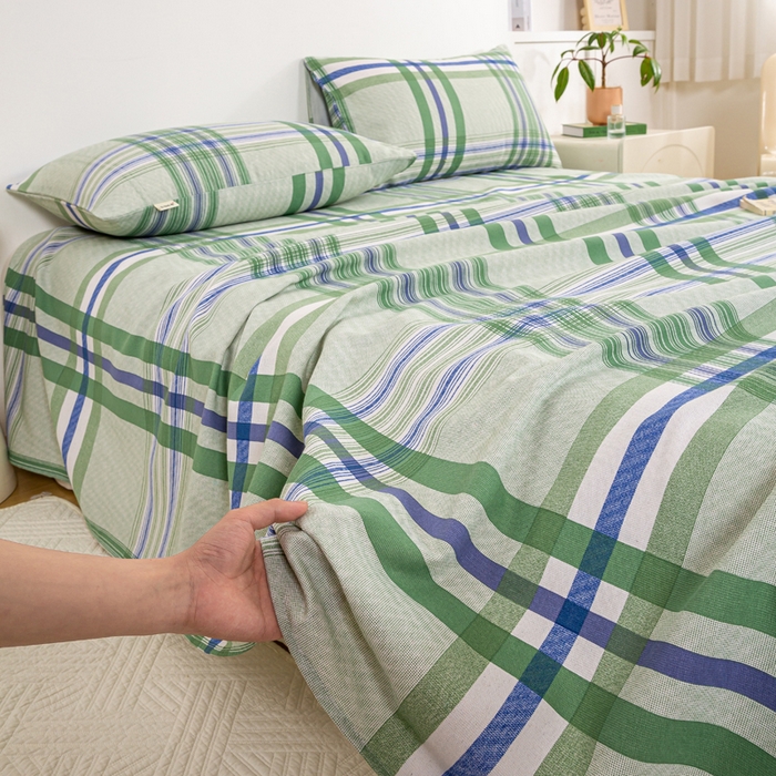 91家纺网 家纺一手货源 找家纺 红日子纺织品 2025新款直播热卖原棉老粗布印花床单三件套 巴宝莉-绿