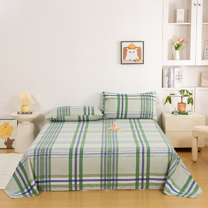 91家纺网 家纺一手货源 找家纺 红日子纺织品 2025新款直播热卖原棉老粗布印花床单三件套 巴宝莉-绿