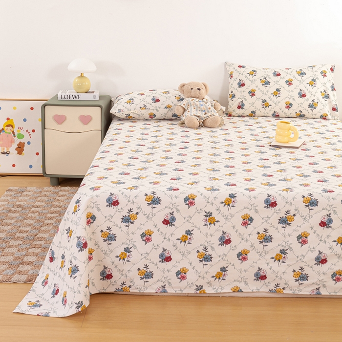 91家纺网 家纺一手货源 找家纺 红日子纺织品 2025新款直播热卖原棉老粗布印花床单三件套 花海