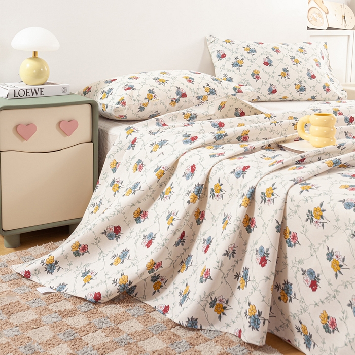 91家纺网 家纺一手货源 找家纺 红日子纺织品 2025新款直播热卖原棉老粗布印花床单三件套 花海