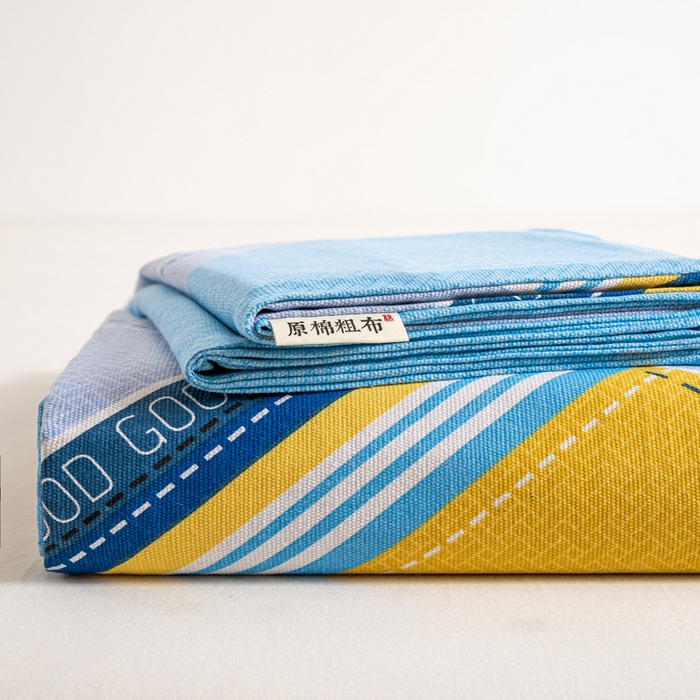 91家纺网 家纺一手货源 找家纺 红日子纺织品 2025新款直播热卖原棉老粗布印花床单三件套 盾牌