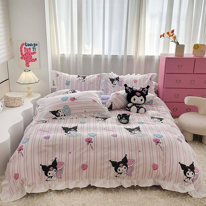 91家纺网 家纺一手货源 找家纺 （总）玉元坊 2025新款凯蒂猫全棉库洛米纯棉床裙公主风花边被套四件套三件套（第三批）-花边款