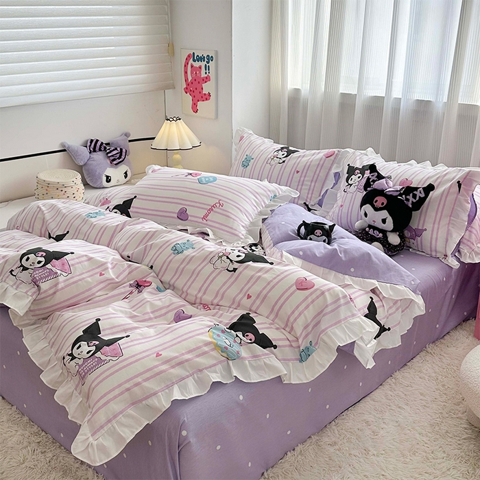 91家纺网 家纺一手货源 找家纺 （总）玉元坊 2025新款凯蒂猫全棉库洛米纯棉床裙公主风花边被套四件套三件套（第三批）-花边款