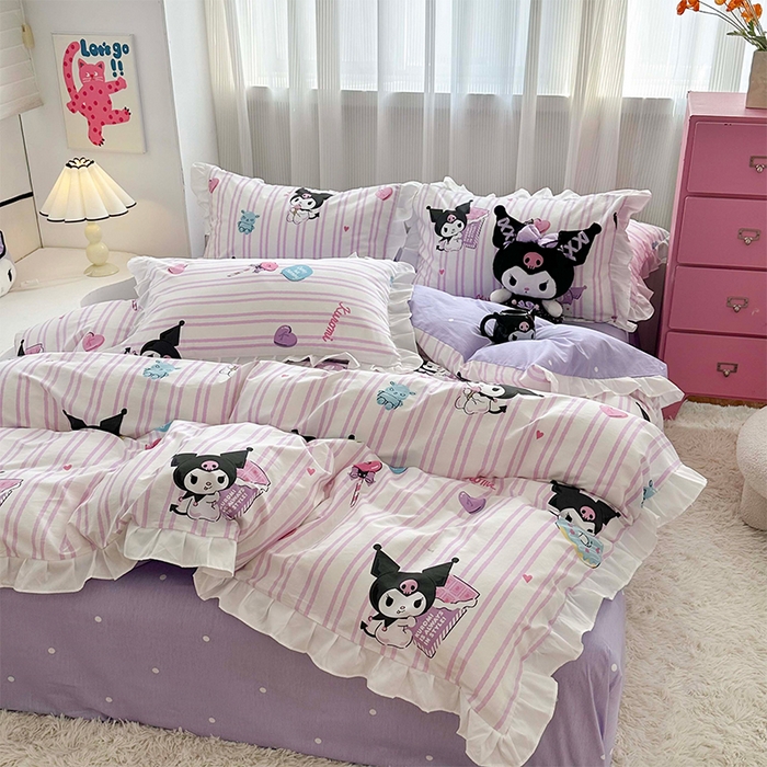 91家纺网 家纺一手货源 找家纺 （总）玉元坊 2025新款凯蒂猫全棉库洛米纯棉床裙公主风花边被套四件套三件套（第三批）-花边款