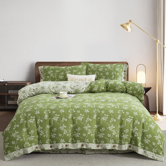 91家纺网 家纺一手货源 找家纺 （总）鲁爱 2025新款全棉色织双层纱纽扣款四件套