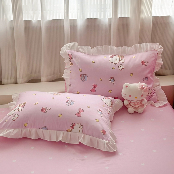 91家纺网 家纺一手货源 找家纺 玉元坊 2025新款凯蒂猫全棉库洛米纯棉床裙公主风花边被套四件套三件套（第三批）-花边款 花边款-美美凯蒂