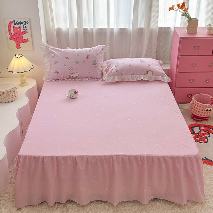 91家纺网 家纺一手货源 找家纺 玉元坊 2025新款凯蒂猫全棉库洛米纯棉床裙公主风花边被套四件套三件套（第三批）-花边款 花边款-美美凯蒂