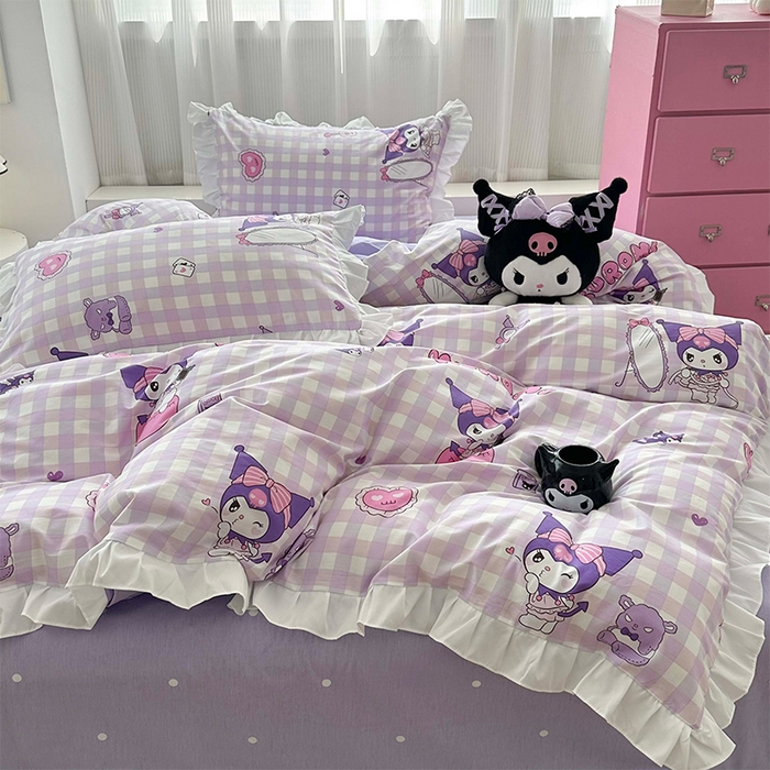 91家纺网 家纺一手货源 找家纺 玉元坊 2025新款凯蒂猫全棉库洛米纯棉床裙公主风花边被套四件套三件套（第三批）-花边款 花边款-紫格库洛米