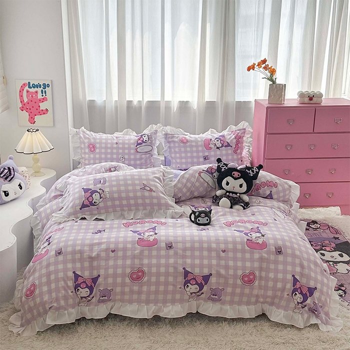 91家纺网 家纺一手货源 找家纺 玉元坊 2025新款凯蒂猫全棉库洛米纯棉床裙公主风花边被套四件套三件套（第三批）-花边款 花边款-紫格库洛米