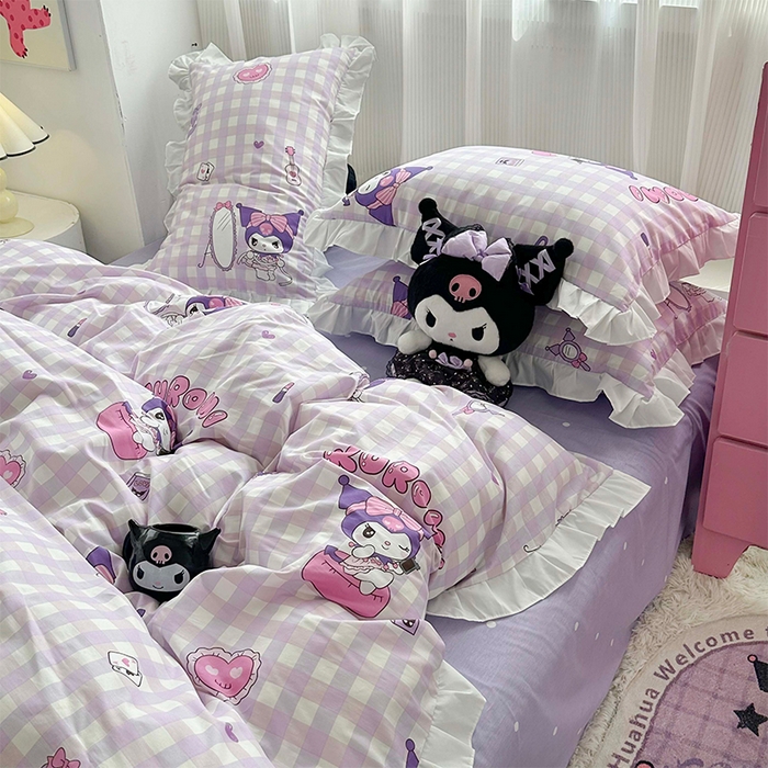 91家纺网 家纺一手货源 找家纺 玉元坊 2025新款凯蒂猫全棉库洛米纯棉床裙公主风花边被套四件套三件套（第三批）-花边款 花边款-紫格库洛米