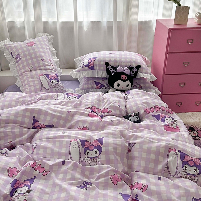 91家纺网 家纺一手货源 找家纺 玉元坊 2025新款凯蒂猫全棉库洛米纯棉床裙公主风花边被套四件套三件套（第三批）-花边款 花边款-紫格库洛米