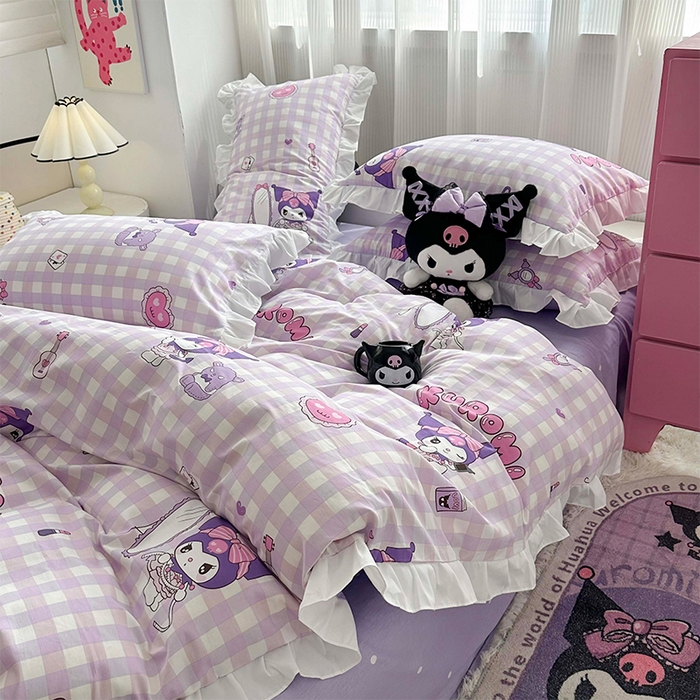91家纺网 家纺一手货源 找家纺 玉元坊 2025新款凯蒂猫全棉库洛米纯棉床裙公主风花边被套四件套三件套（第三批）-花边款 花边款-紫格库洛米