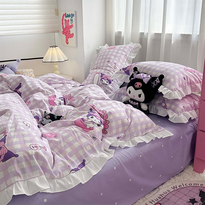 91家纺网 家纺一手货源 找家纺 玉元坊 2025新款凯蒂猫全棉库洛米纯棉床裙公主风花边被套四件套三件套（第三批）-花边款 花边款-紫格库洛米
