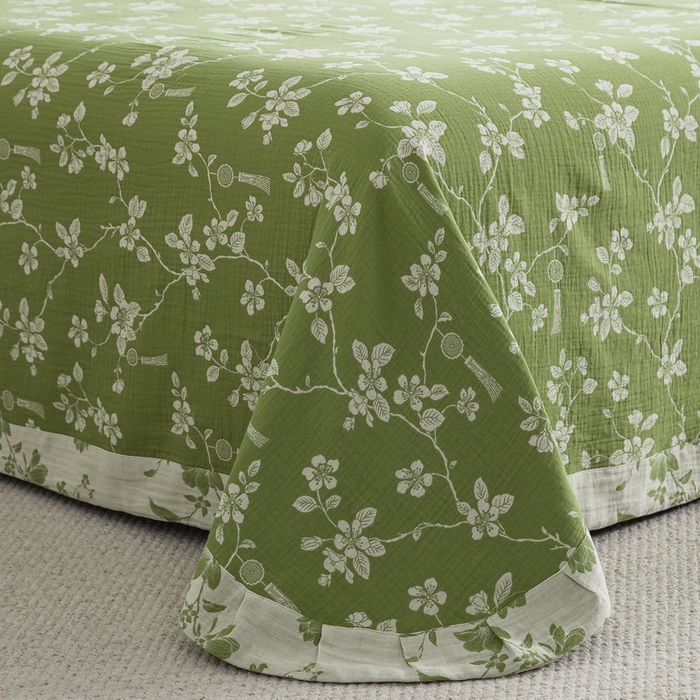 91家纺网 家纺一手货源 找家纺 2025新款全棉色织双层纱纽扣款四件套 春晖-绿