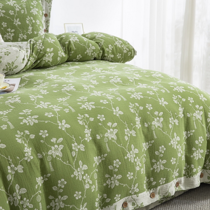 91家纺网 家纺一手货源 找家纺 2025新款全棉色织双层纱纽扣款四件套 春晖-绿