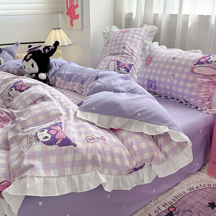 91家纺网 家纺一手货源 找家纺 玉元坊 2025新款凯蒂猫全棉库洛米纯棉床裙公主风花边被套四件套三件套（第三批）-花边款 花边款-紫格库洛米