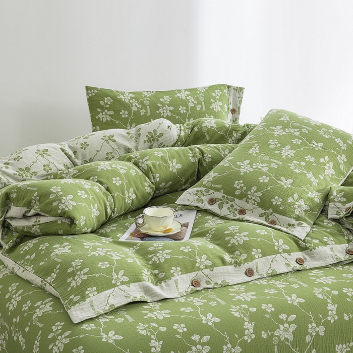 91家纺网 家纺一手货源 找家纺 2025新款全棉色织双层纱纽扣款四件套 春晖-绿