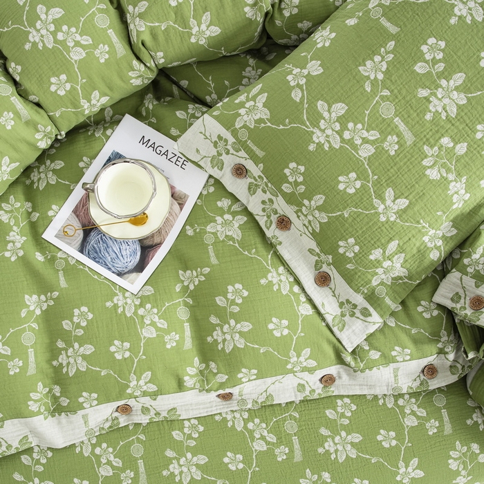 91家纺网 家纺一手货源 找家纺 2025新款全棉色织双层纱纽扣款四件套 春晖-绿