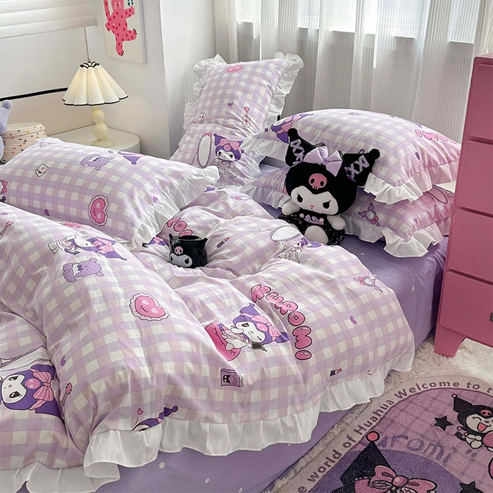 91家纺网 家纺一手货源 找家纺 玉元坊 2025新款凯蒂猫全棉库洛米纯棉床裙公主风花边被套四件套三件套（第三批）-花边款 花边款-紫格库洛米