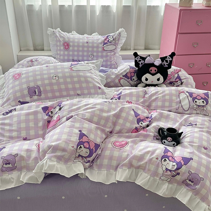 91家纺网 家纺一手货源 找家纺 玉元坊 2025新款凯蒂猫全棉库洛米纯棉床裙公主风花边被套四件套三件套（第三批）-花边款 花边款-紫格库洛米