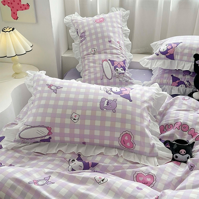 91家纺网 家纺一手货源 找家纺 玉元坊 2025新款凯蒂猫全棉库洛米纯棉床裙公主风花边被套四件套三件套（第三批）-花边款 花边款-紫格库洛米