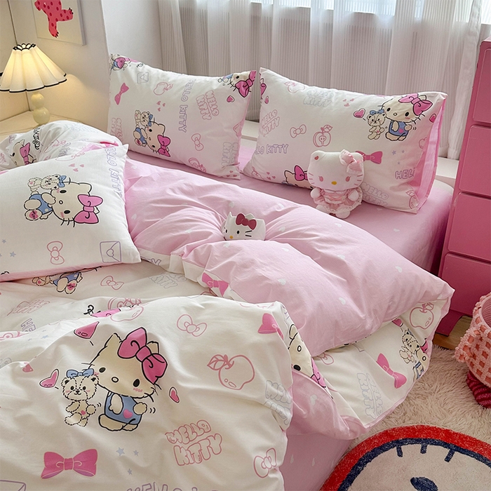 玉元坊 2025新款三丽鸥全棉凯蒂猫纯棉库洛米床裙四件套三件套（第三批）-简约款 简约基础款-凯蒂小熊