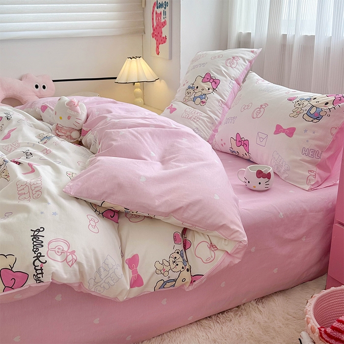 91家纺网 家纺一手货源 找家纺 玉元坊 2025新款三丽鸥全棉凯蒂猫纯棉库洛米床裙四件套三件套（第三批）-简约款 简约基础款-凯蒂小熊