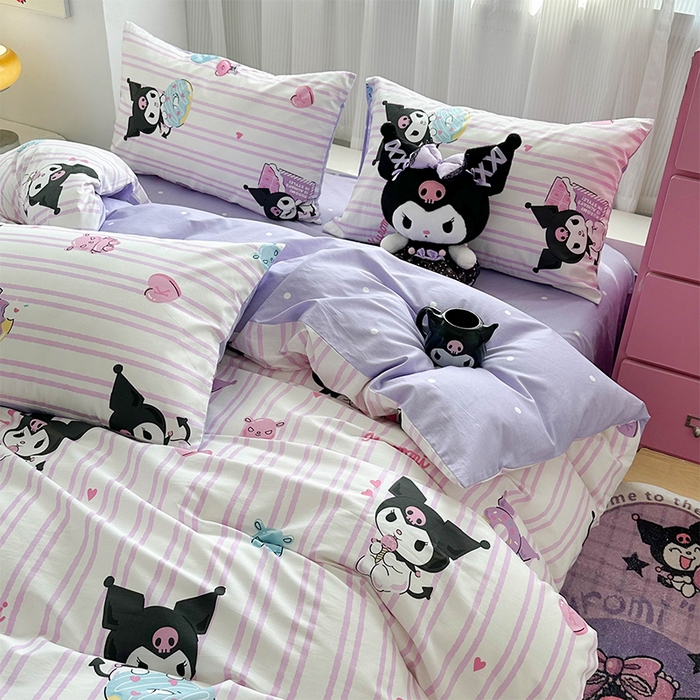 玉元坊 2025新款三丽鸥全棉凯蒂猫纯棉库洛米床裙四件套三件套（第三批）-简约款 简约基础款-库洛米条纹