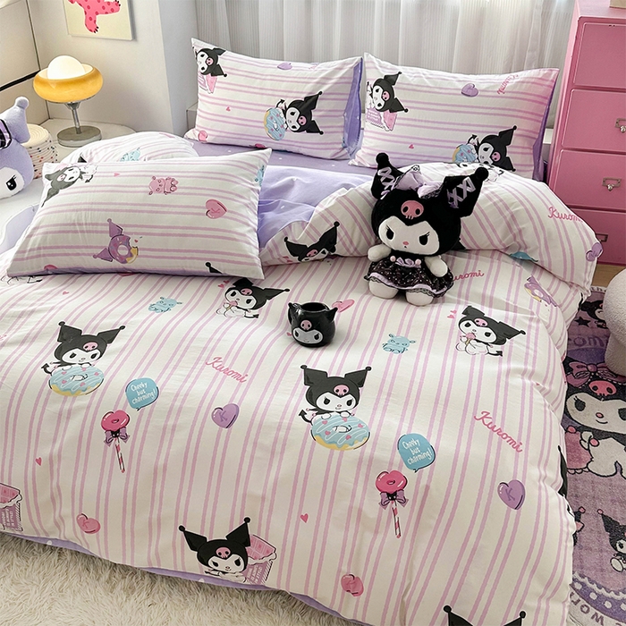 91家纺网 家纺一手货源 找家纺 玉元坊 2025新款三丽鸥全棉凯蒂猫纯棉库洛米床裙四件套三件套（第三批）-简约款 简约基础款-库洛米条纹