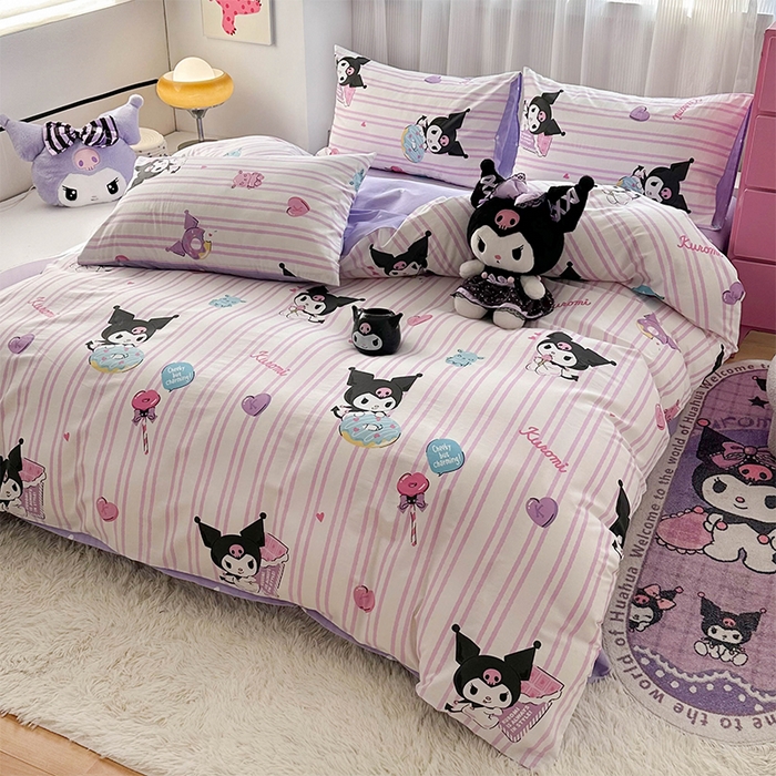 91家纺网 家纺一手货源 找家纺 玉元坊 2025新款三丽鸥全棉凯蒂猫纯棉库洛米床裙四件套三件套（第三批）-简约款 简约基础款-库洛米条纹