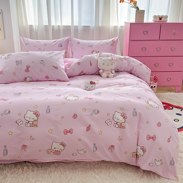 91家纺网 家纺一手货源 找家纺 玉元坊 2025新款三丽鸥全棉凯蒂猫纯棉库洛米床裙四件套三件套（第三批）-简约款 简约基础款-美美凯蒂