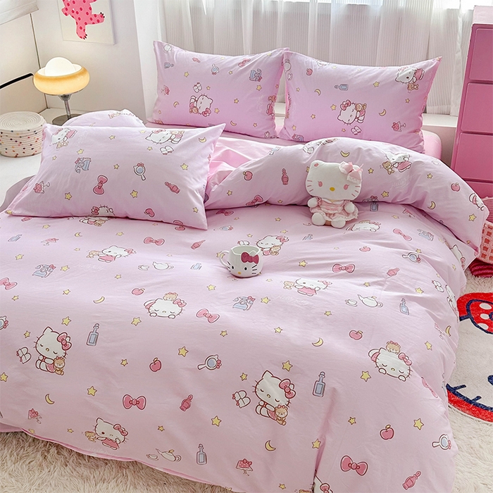 91家纺网 家纺一手货源 找家纺 玉元坊 2025新款三丽鸥全棉凯蒂猫纯棉库洛米床裙四件套三件套（第三批）-简约款 简约基础款-美美凯蒂