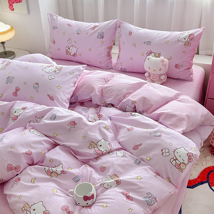 91家纺网 家纺一手货源 找家纺 玉元坊 2025新款三丽鸥全棉凯蒂猫纯棉库洛米床裙四件套三件套（第三批）-简约款 简约基础款-美美凯蒂