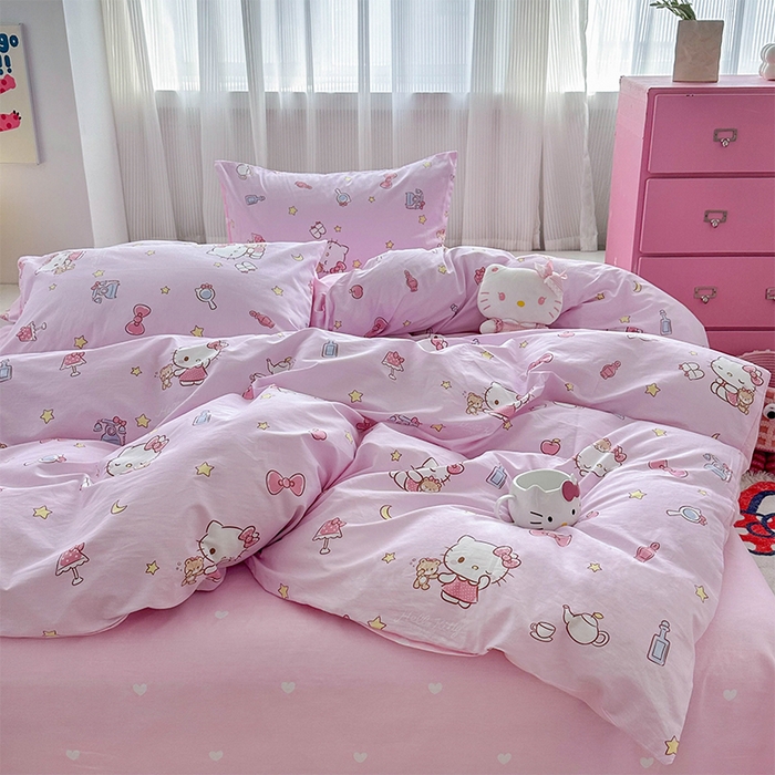 91家纺网 家纺一手货源 找家纺 玉元坊 2025新款三丽鸥全棉凯蒂猫纯棉库洛米床裙四件套三件套（第三批）-简约款 简约基础款-美美凯蒂